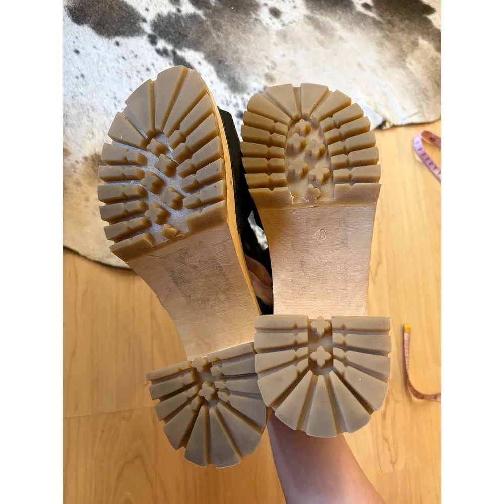 Swedish Hasbeens Stitched Tracta Black Leather Platform‎ Sandals Size 40